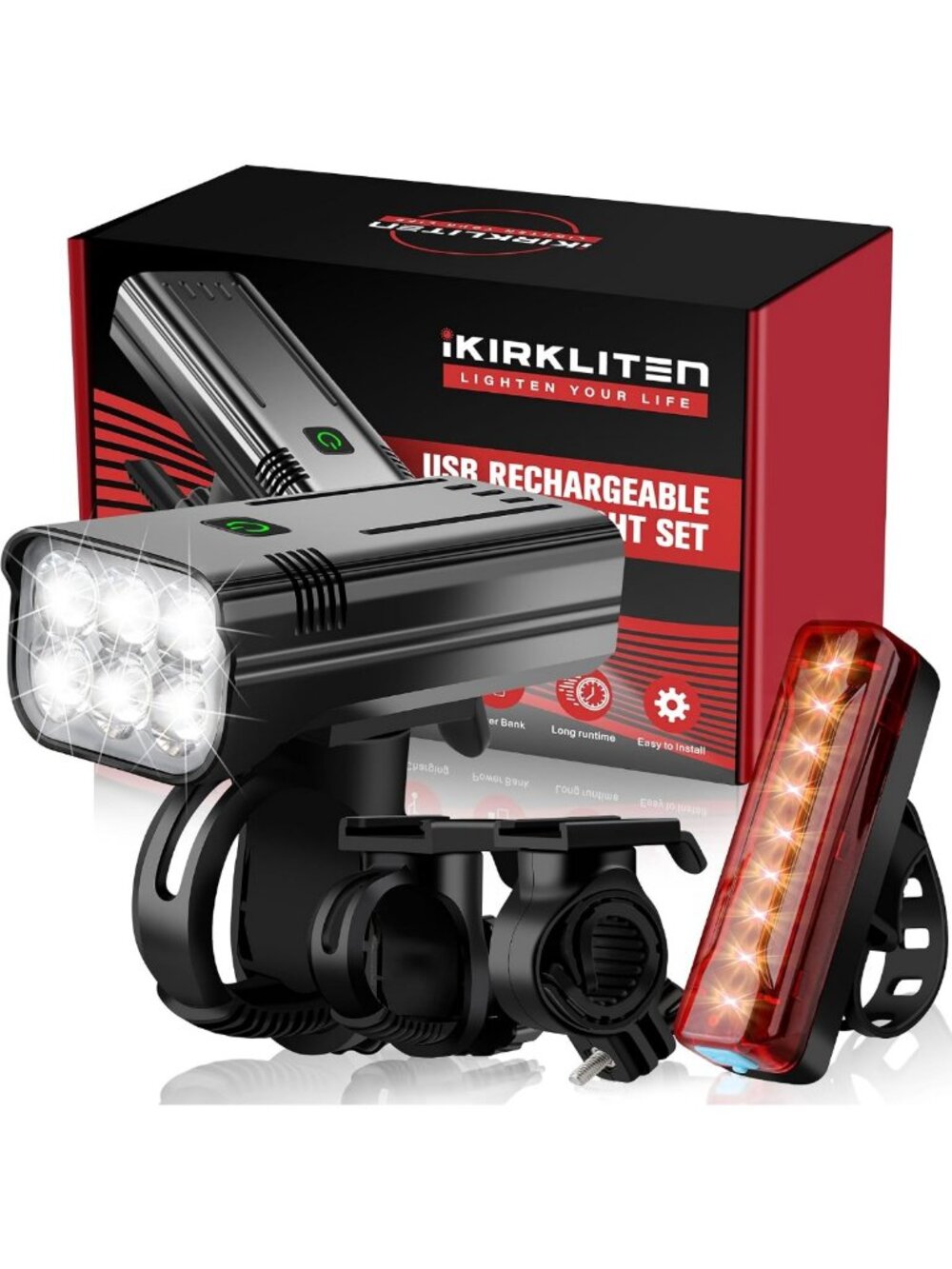 Bright USB Rechargeable Bike Light Set - 10000mAh, 6 LED, 5 Modes, Waterproof